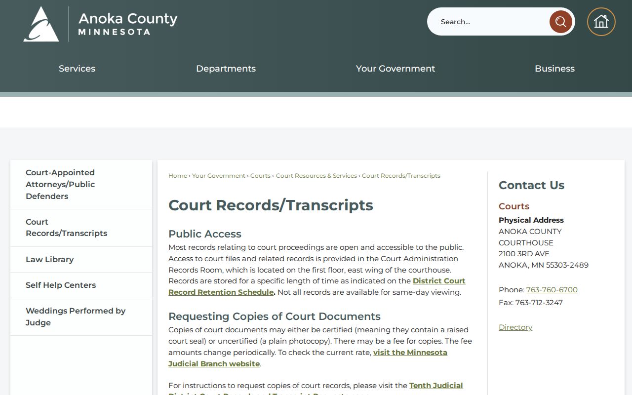Anoka County resident lookup court records and transcript access page