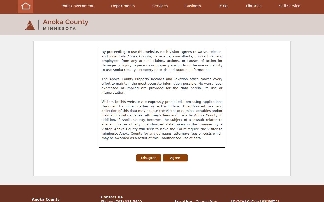 Anoka County street directory Property Access portal landing screen