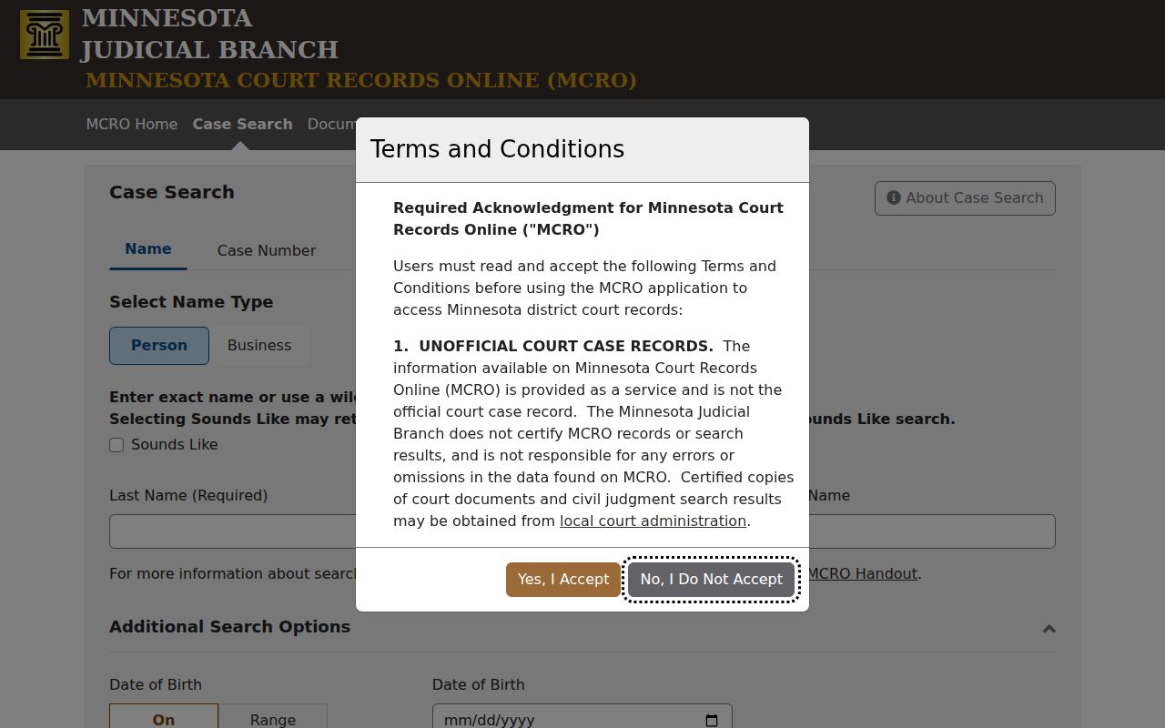 Anoka County resident lookup view of Minnesota Court Records Online search options